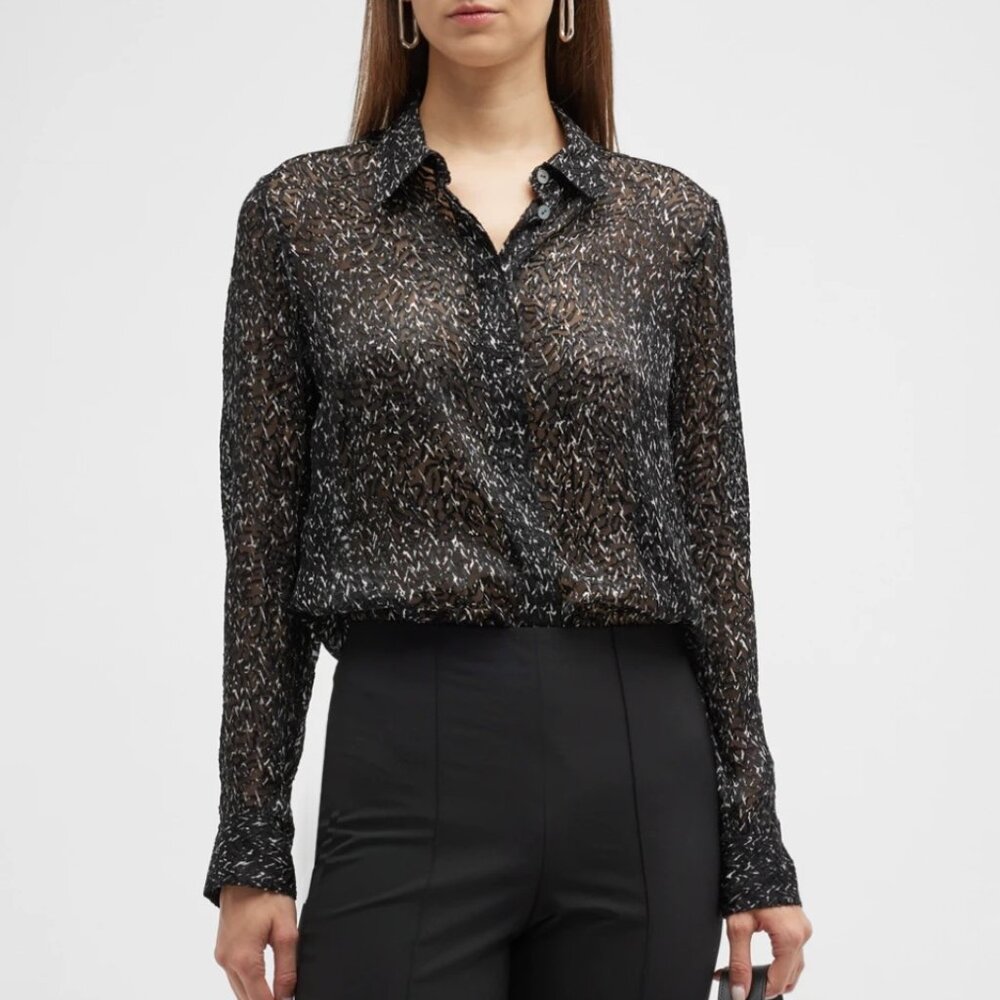 NWT Theory Chevron Burnout Button Silk Viscose Sheer Blouse Top